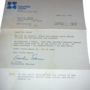 Vintage 1975 Columbia House Collection‎ Letter Arthur Sloan Signed Ephemera 70s